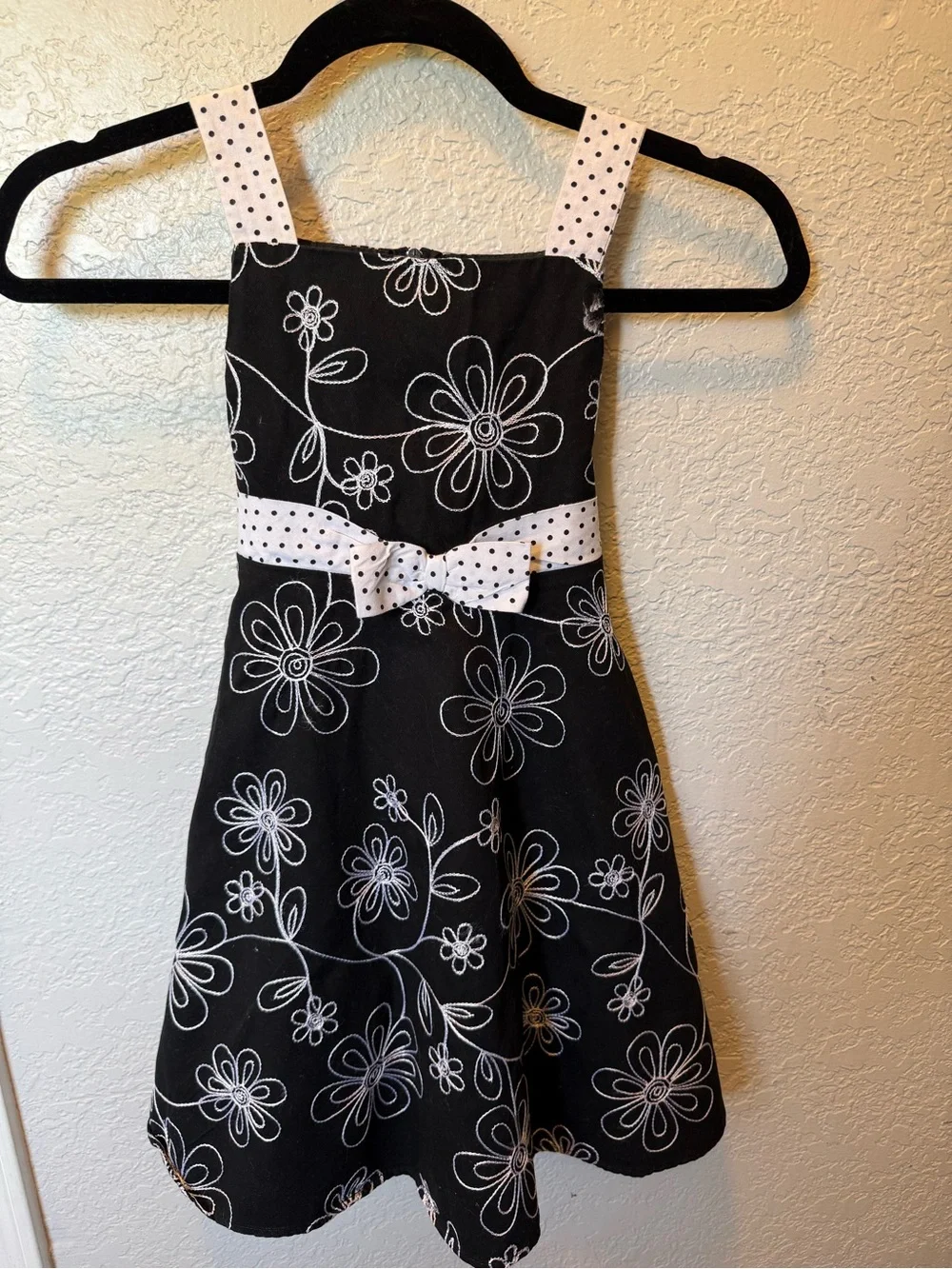 Rare Editions Black Dress with White Floral Embroidery and Polka Dot Belt